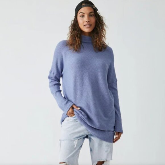 We The Free Free People Casey Blue Ribbed Mock Neck Tunic, Size XL - Picture 1 of 9